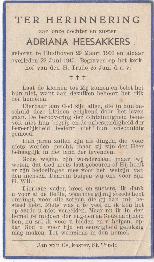 Adriana Heesakkers 1900 Eindhoven + 1945 Eindhoven, 45 jaar, Ophalen of Verzenden