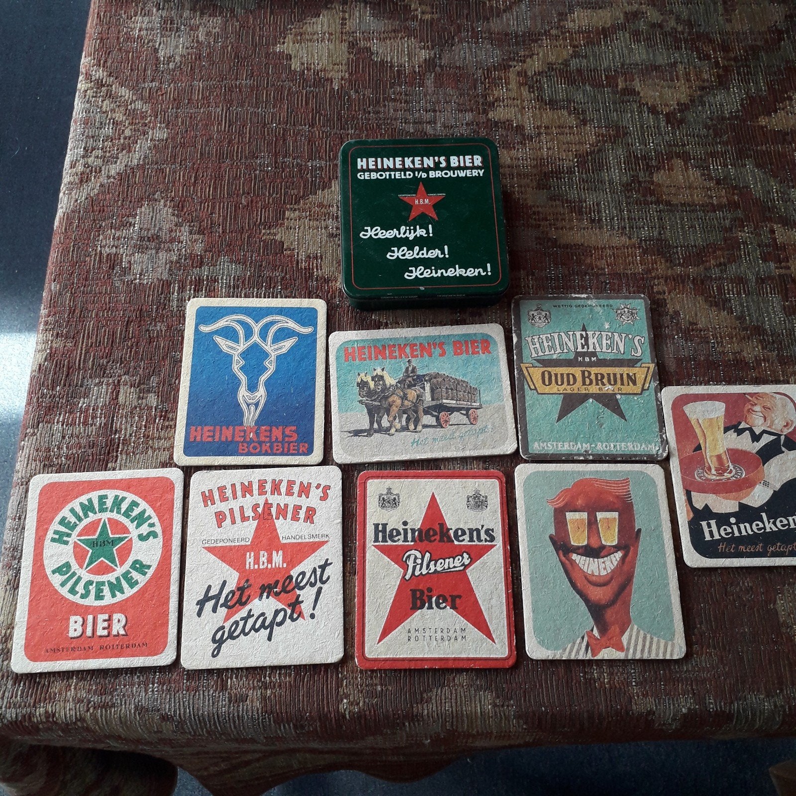 Heineken bierviltjes in metalen doosje - Vintage Collectie, Ophalen, Gebruikt