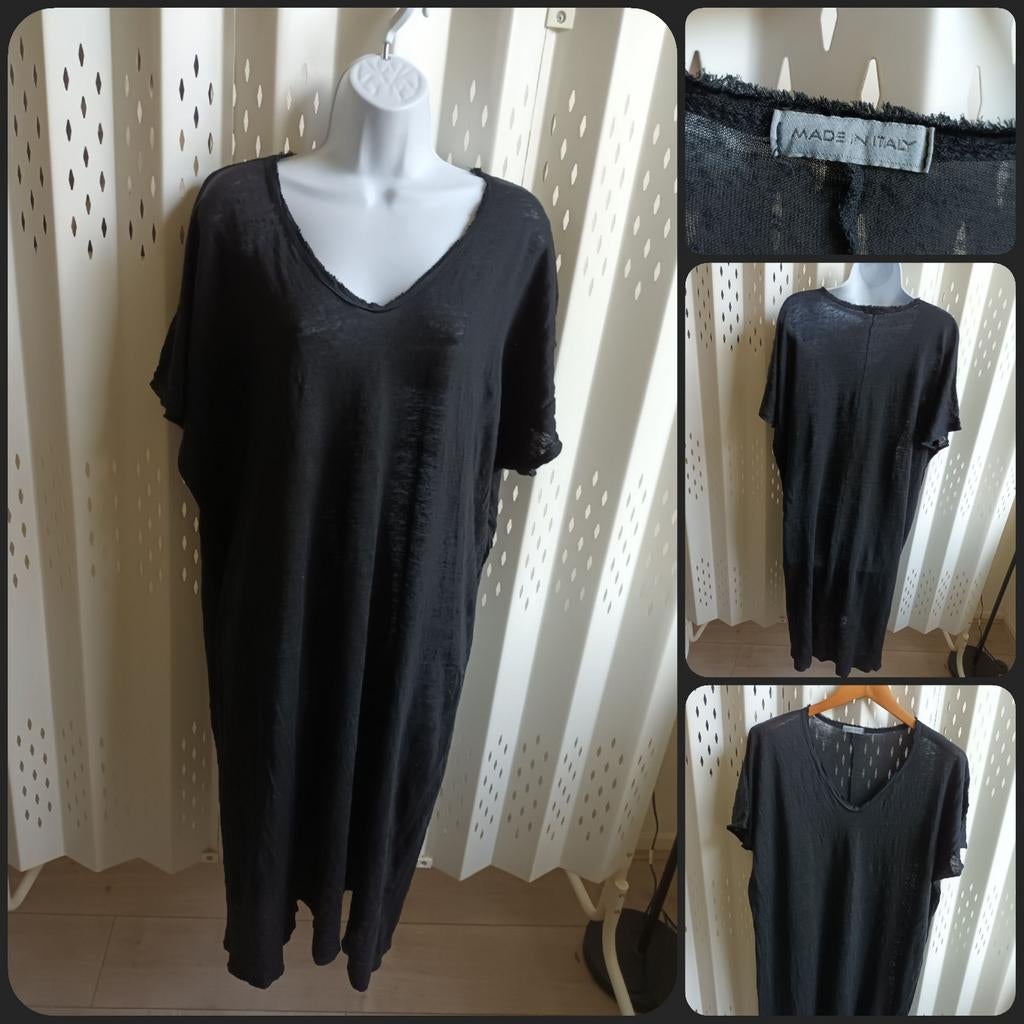 Made in Italy zwarte jurk longshirt met V-hals linnen XXL, Made in Italy, Zwart, Maat 46/48 (XL) of groter, Ophalen of Verzenden