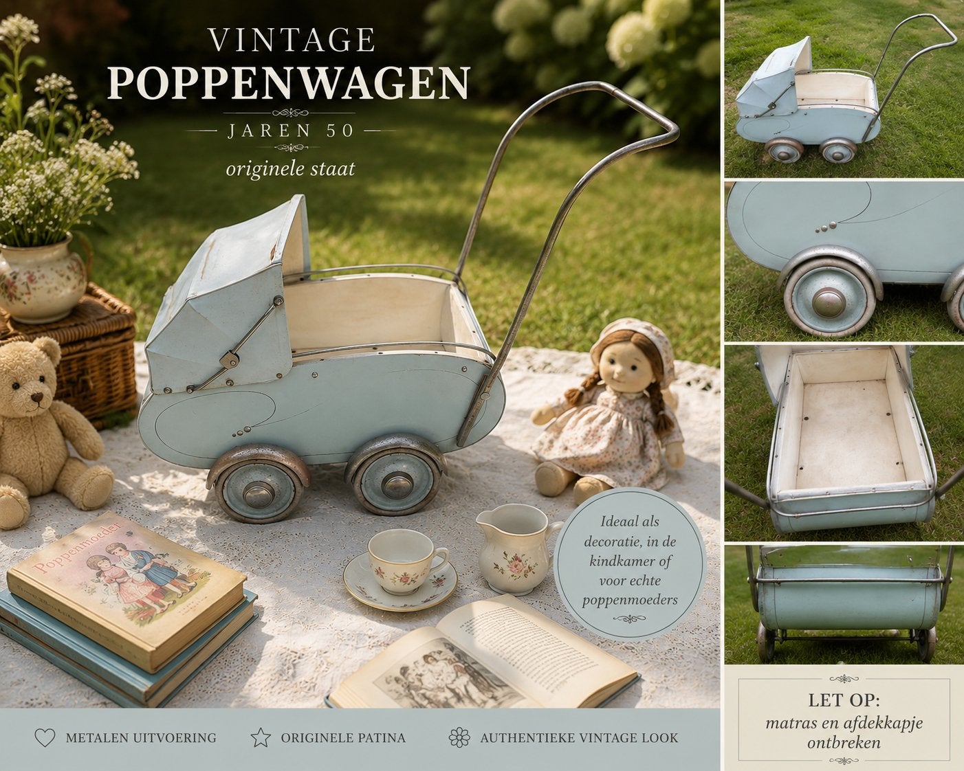 Vintage metalen poppenwagen jaren 50 – originele staat, Ophalen