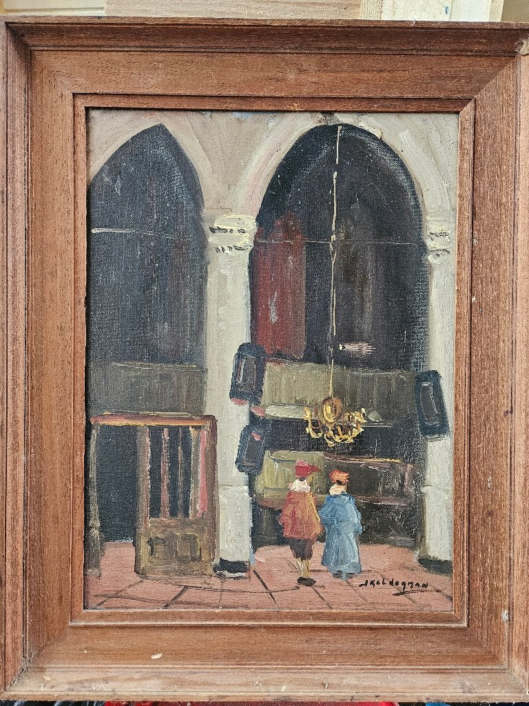 Olieverfschilderij Kerkinterieur met Figuren, Gesigneerd, Antiek en Kunst, Ophalen, Doek, Realistisch, Origineel werk