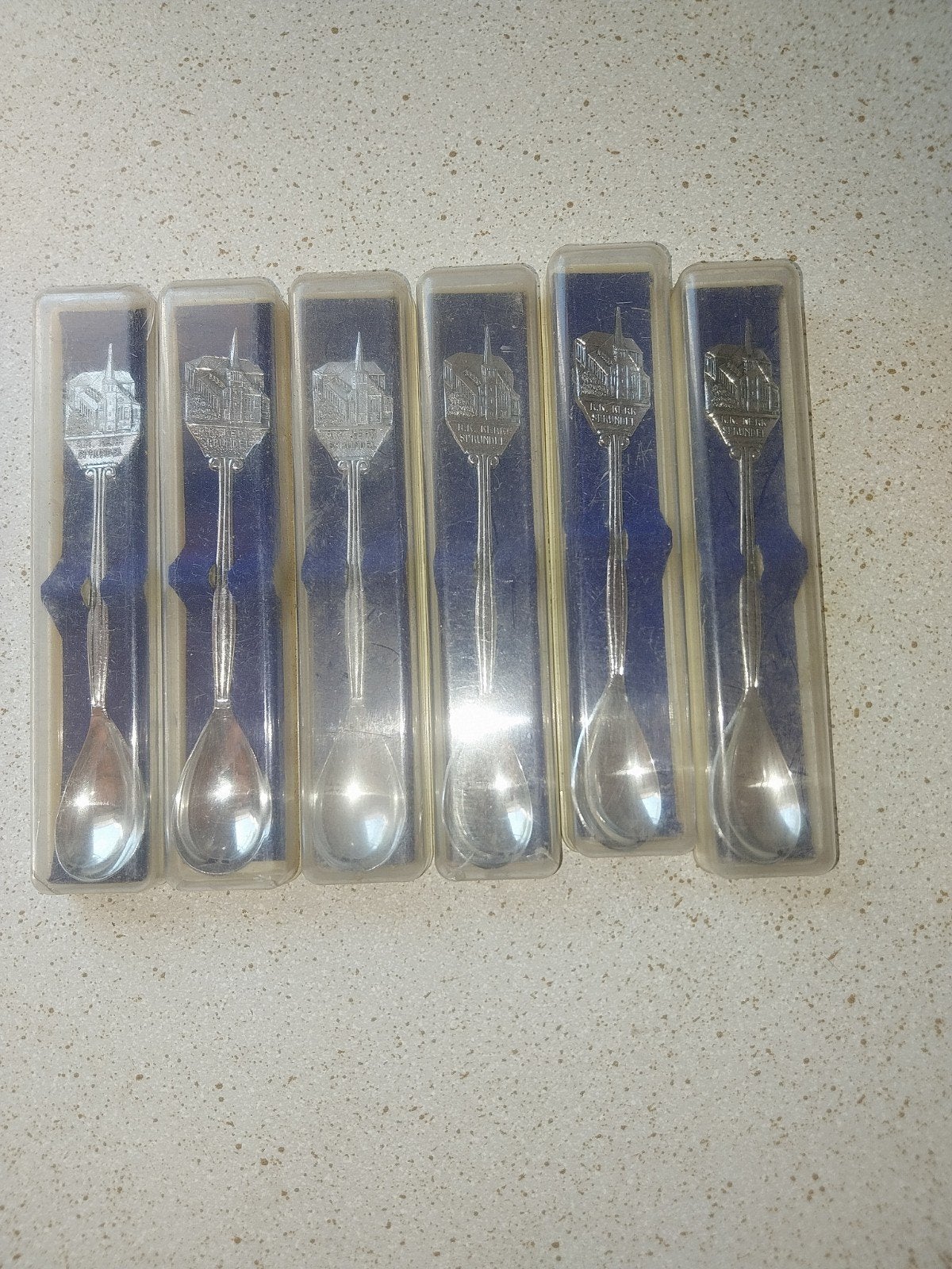 Set van 6 verzilverde lepeltje [ met de Kerk van Sprundel ], Ophalen of Verzenden