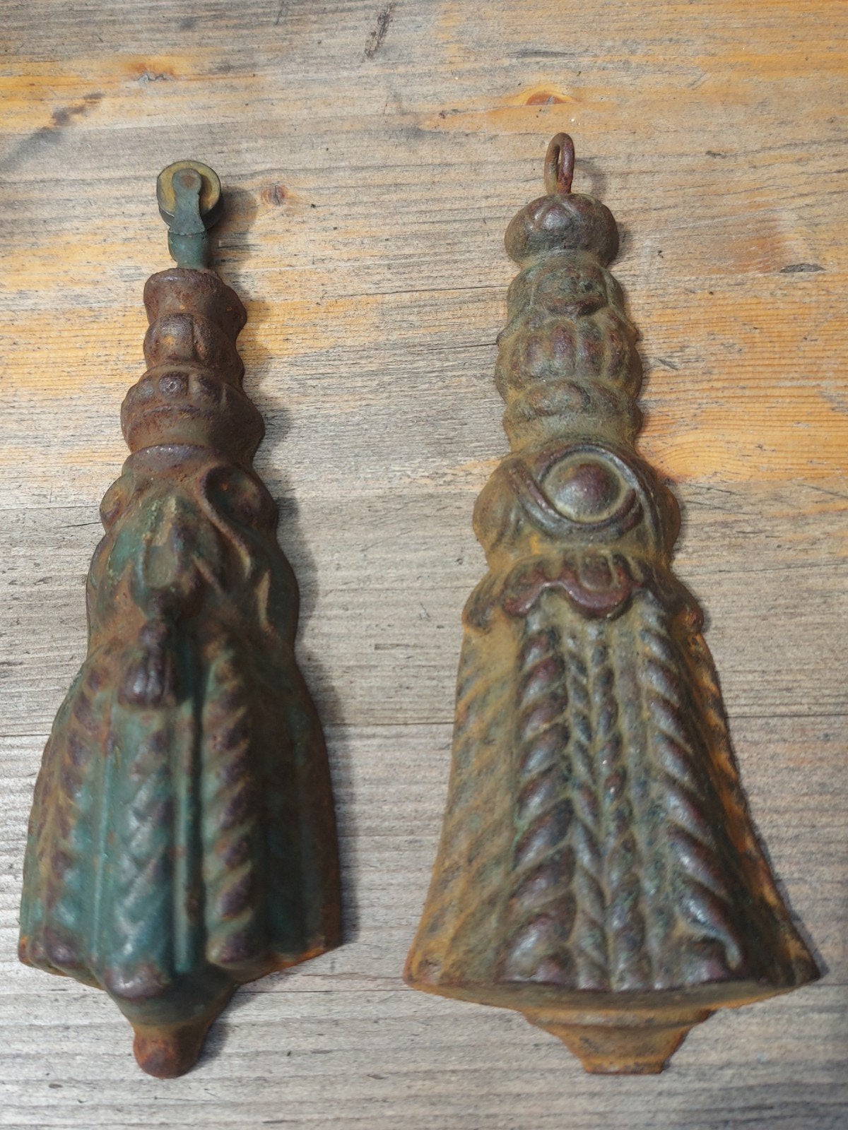 Stel antieke gordijn gewichten met oog en katrol, Antiek en Kunst, Ophalen of Verzenden