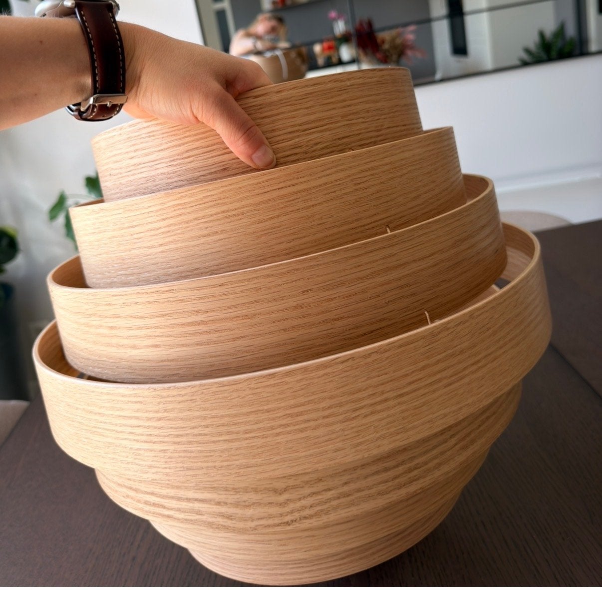 Moderne houten hanglamp - Stijlvol en sfeervol, Rond, Zo goed als nieuw, Hout, Ophalen