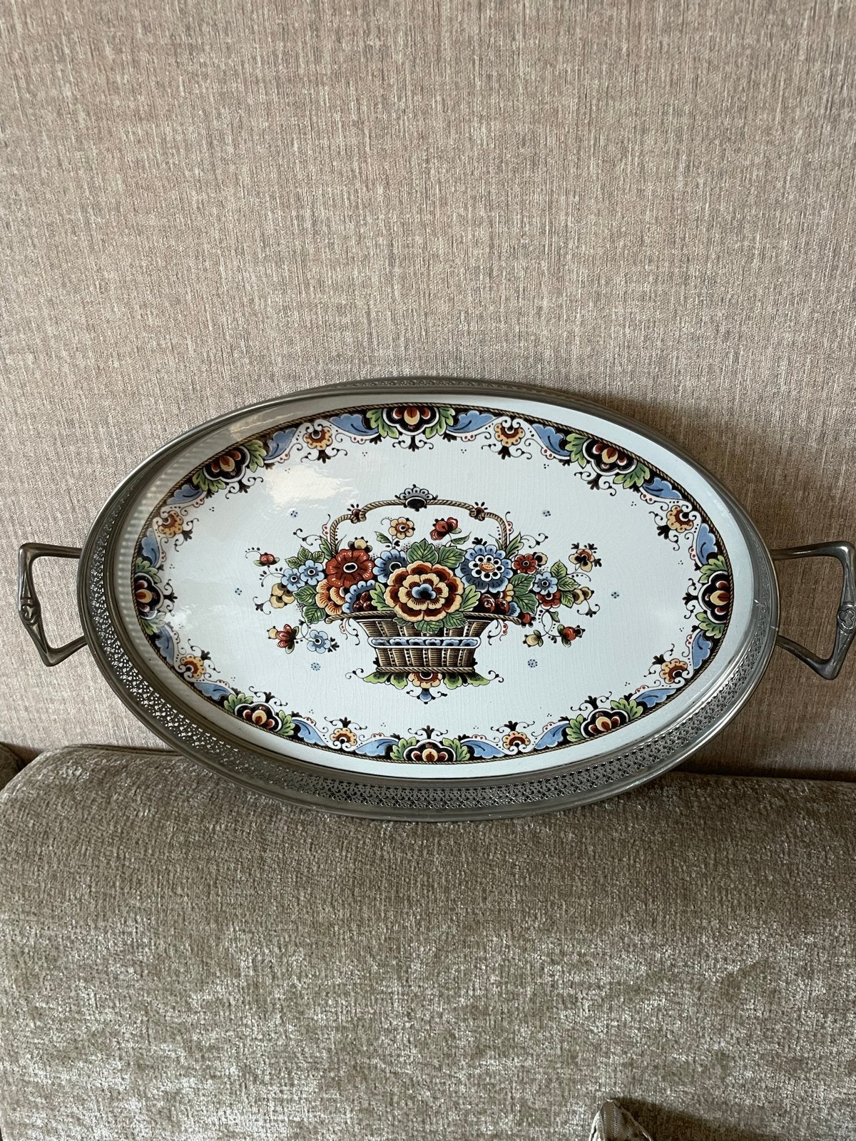 Vintage Delfts Handwerk Serveerblad met Bloemenmand, Ophalen of Verzenden