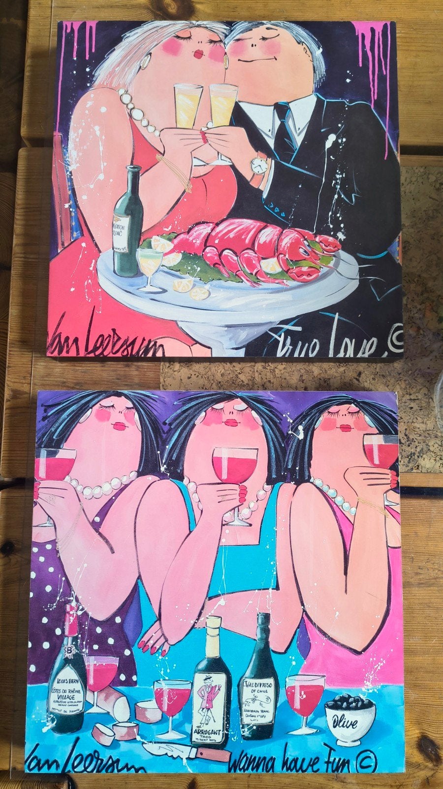 2 Schilderijtjes Van Leersum-'True Love' en 'Wanna Have Fun', Ophalen of Verzenden, Hout, Ophangklaar, Figuren