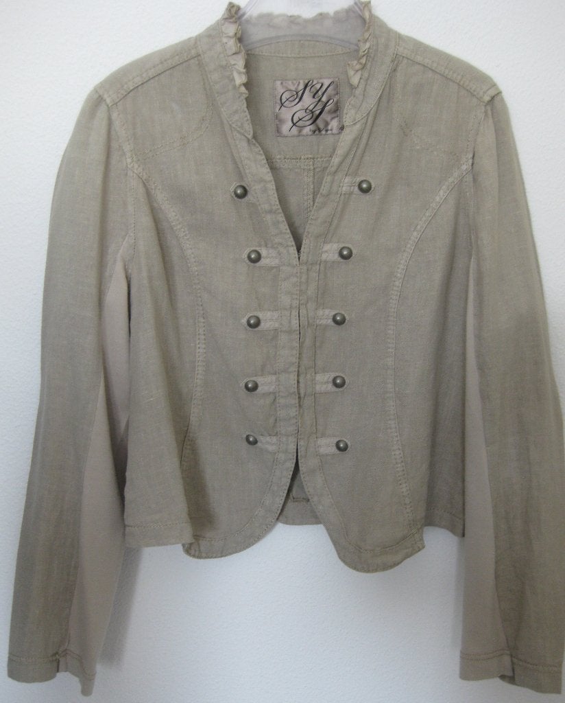 Steps jasje zandkleurig linnen met ruches maat 42, Kleding | Dames, Jasjes, Kostuums en Pakken, Beige, Maat 42/44 (L), Ophalen of Verzenden