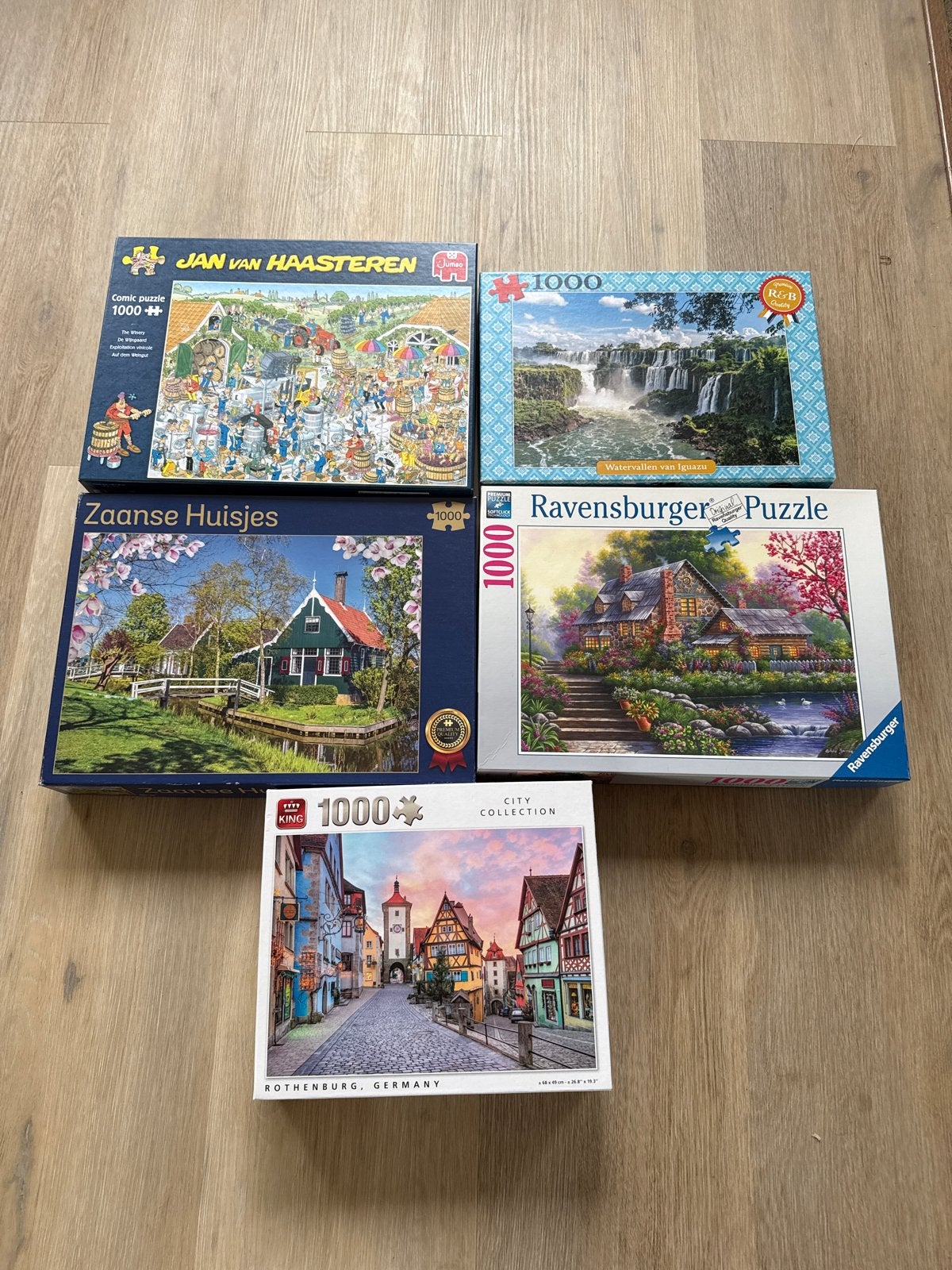 5x 1000 stukjes legpuzzels: Jan van Haasteren, Ravensburger, Ophalen of Verzenden, 500 t/m 1500 stukjes, Gebruikt, Legpuzzel