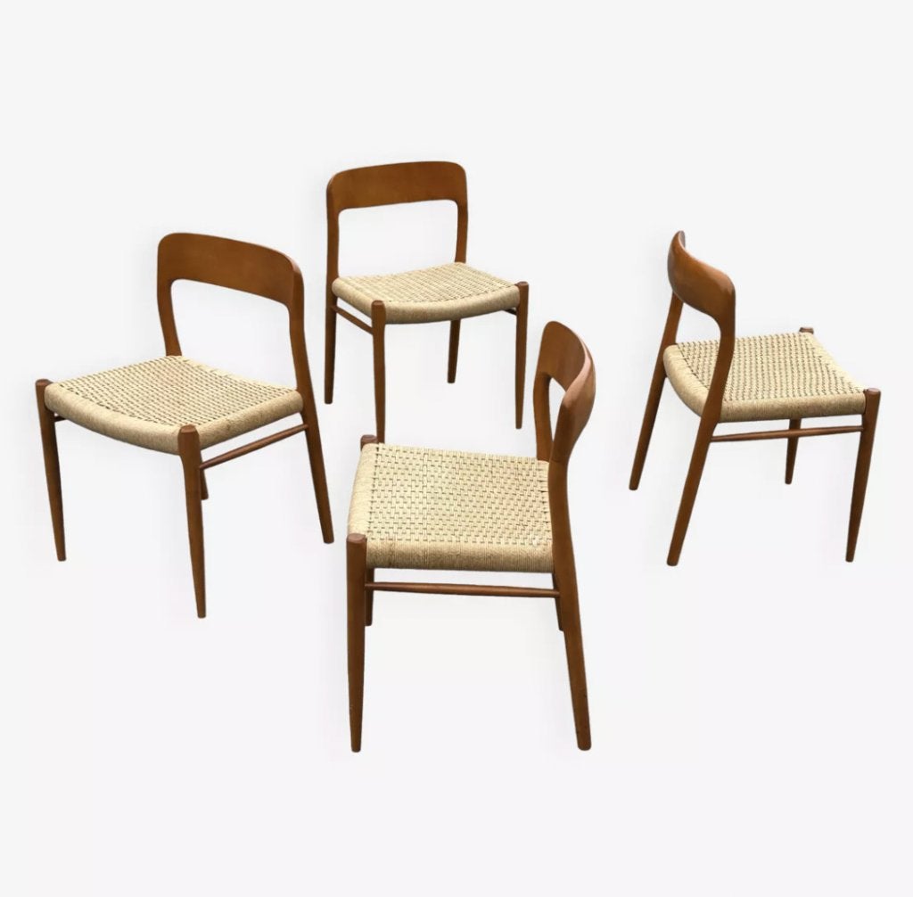 Set van 4 Niels Otto Moller model 75 stoelen deens design, Ophalen, Gebruikt, Bruin, Moller
