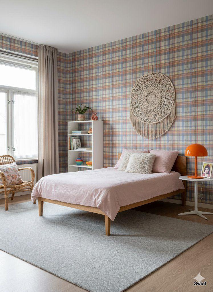 14058 Vintage kleurrijk schots geruit behang met ruiten, Verzenden, Minder dan 10 m², Oranje