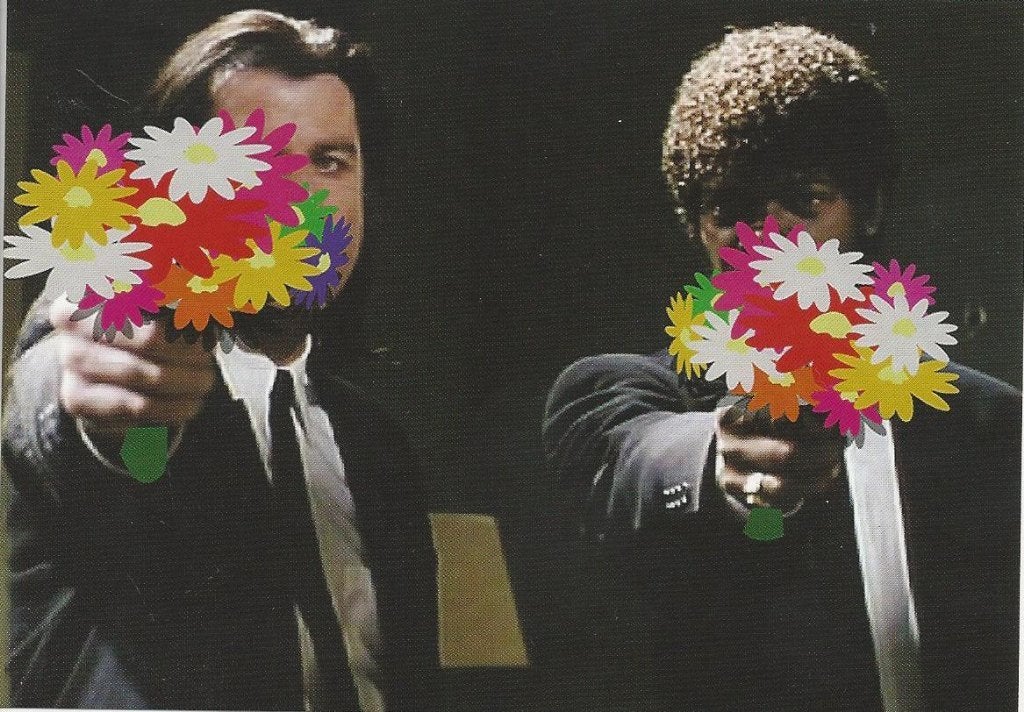 Pulp Fiction bloemen pistool poster. Moederdag. Boomerang., Ophalen of Verzenden, 1980 tot heden, Ongelopen, Utrecht