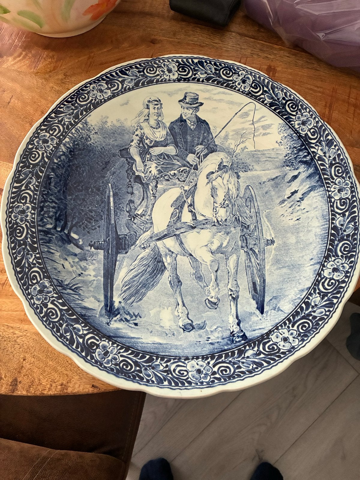 Antiek Delfts Blauw Boch wandbord - Koets met paard, Ophalen