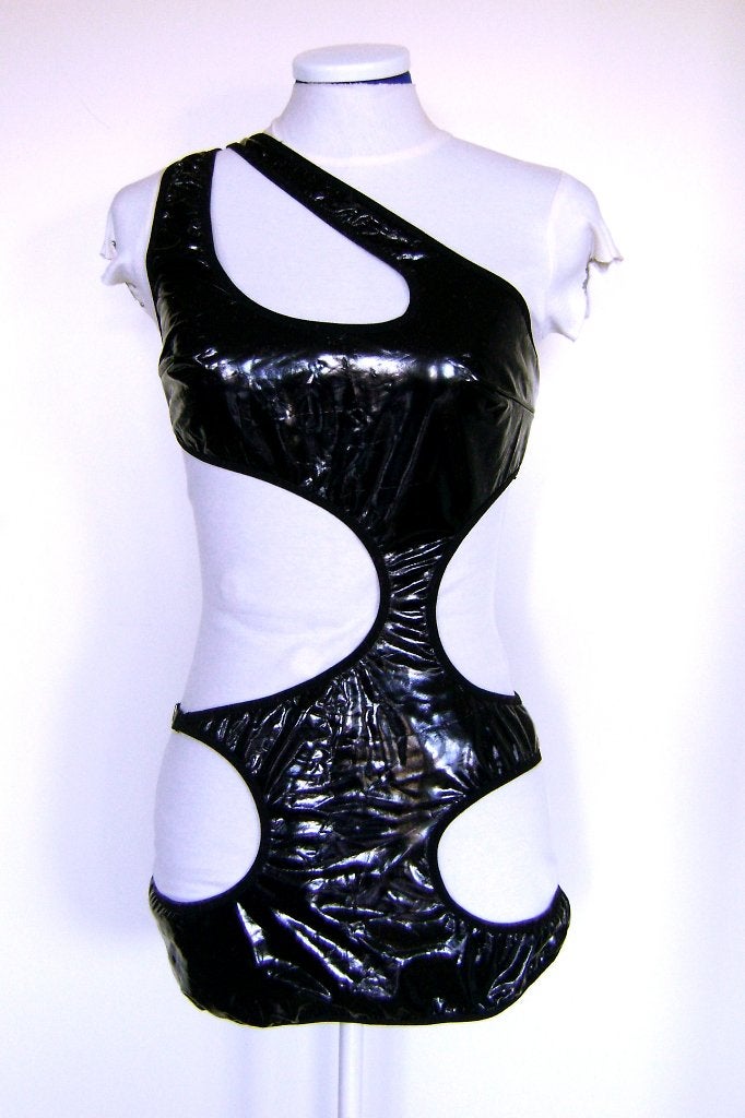 gaten fetish lak vinyl jurk party clubwear rave gothic punk, Maat 38/40 (M), Verzenden, Zwart, Boven de knie