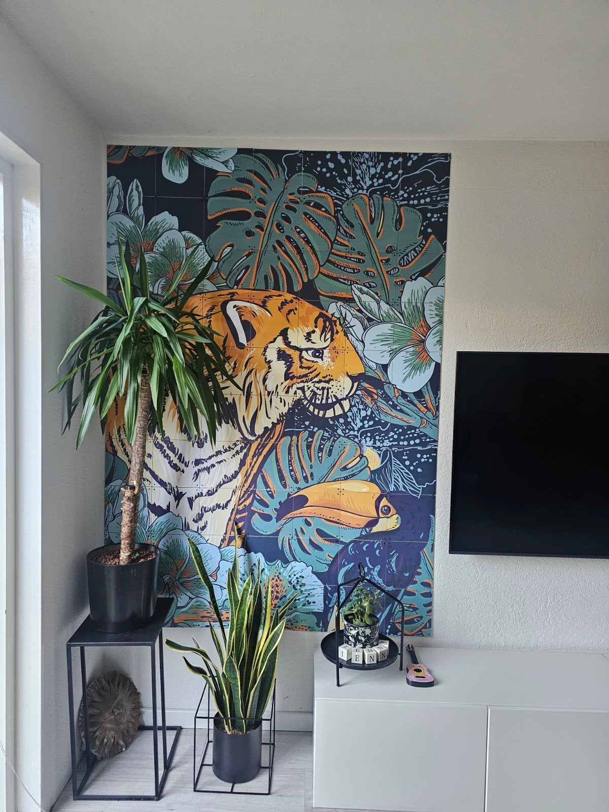 Ixxi 120x160 Tijger en Toekan - Botanische Stijl, Huis en Inrichting, Woonaccessoires | Wanddecoraties, Meerkleurig, Ophalen of Verzenden
