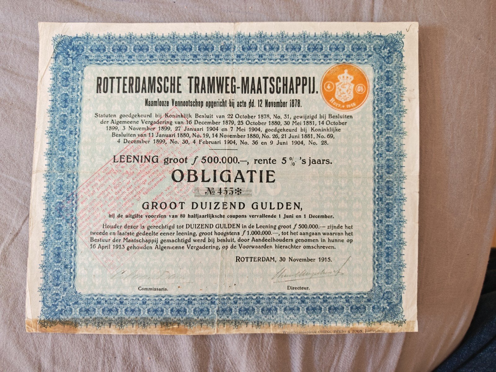 Obligatie RTM - Rotterdamsche Tramweg-Maatschappij, Verzamelen, Ophalen of Verzenden, Gebruikt, Trein