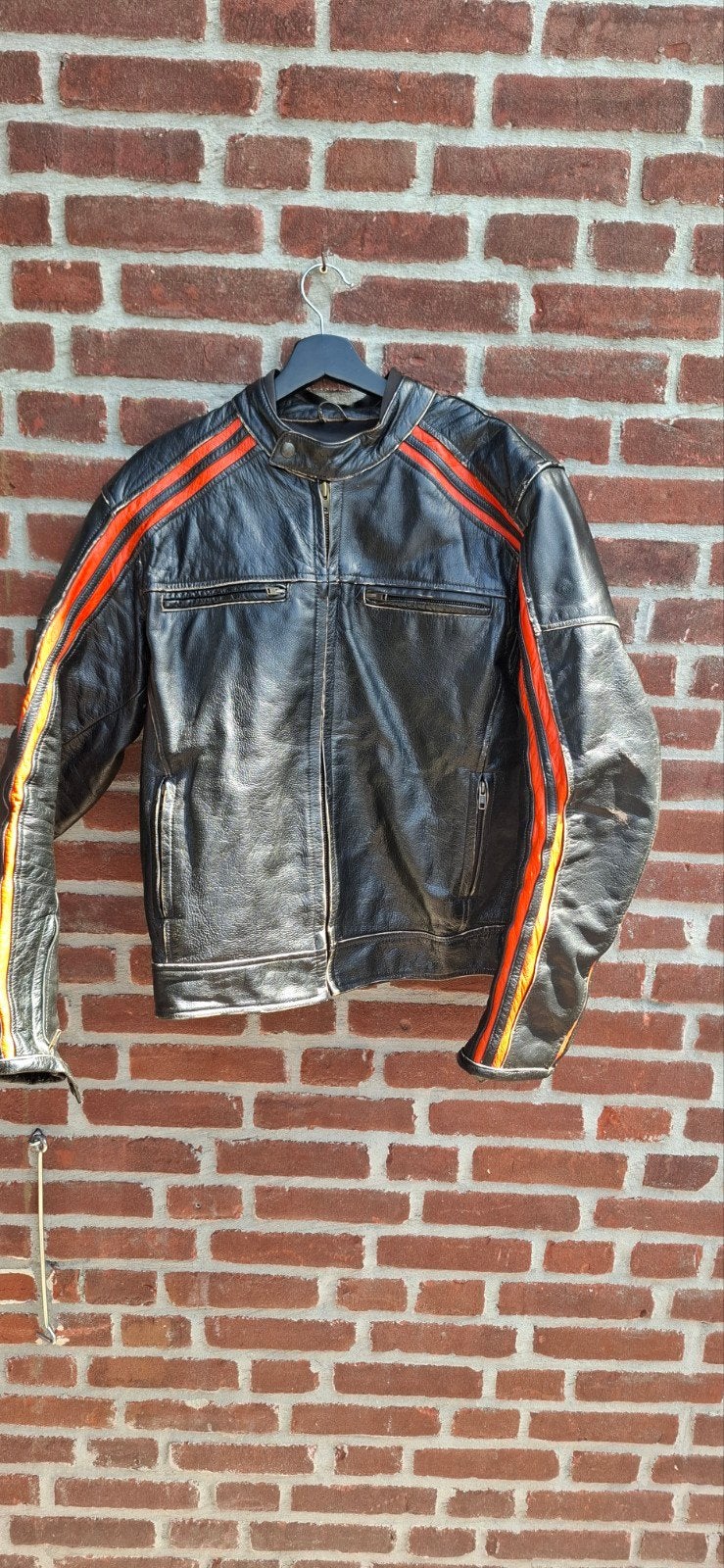 Leren motorjas zwart/oranje, Motoren, Kleding | Motorkleding, Ophalen, Tweedehands, Jas | leer