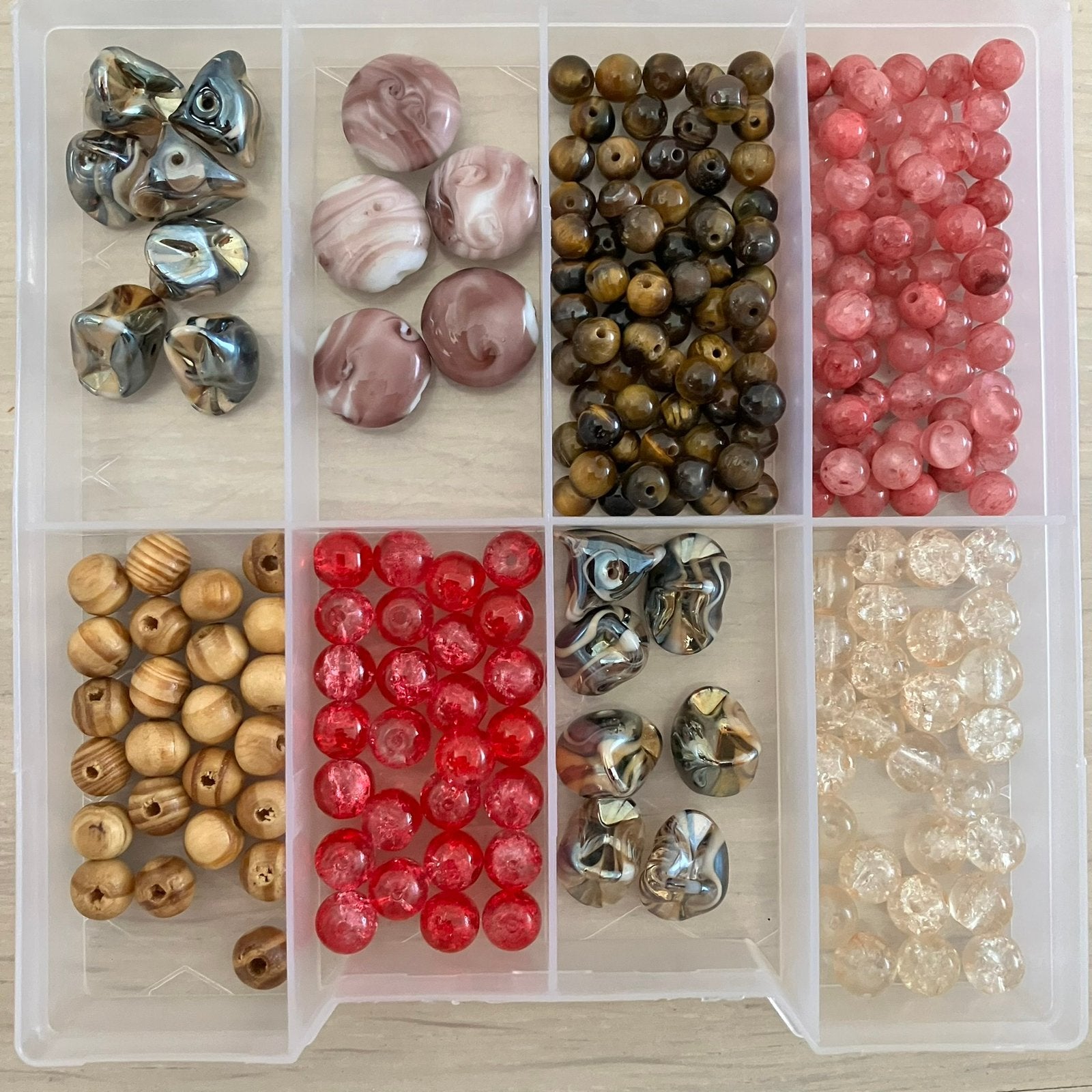 Kralen set roze crackle glas hout tijgeroog roze glaskralen, Hobby en Vrije tijd, Ophalen of Verzenden, Zo goed als nieuw, Kraal