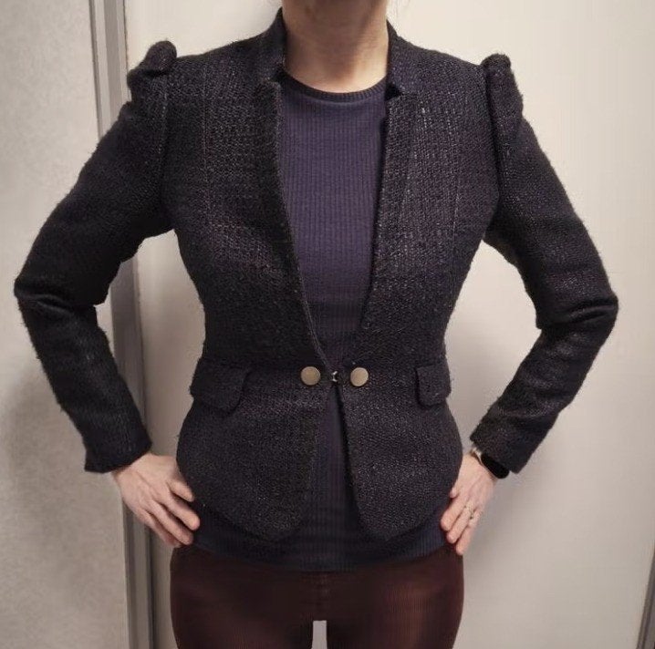 H&M marineblauwe bouclé tweed blazer jasje pofmouwen XS/S, Kleding | Dames, H&M, Jasje, Maat 34 (XS) of kleiner, Gedragen