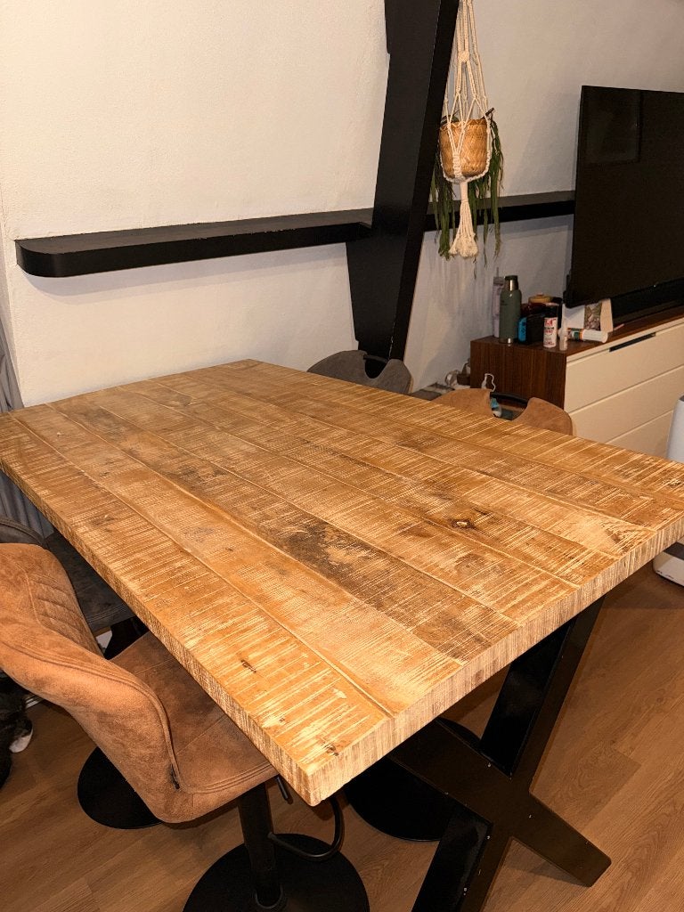 Hoge eettafel van mangohout, Ophalen, Gebruikt, 50 tot 100 cm, 150 tot 200 cm