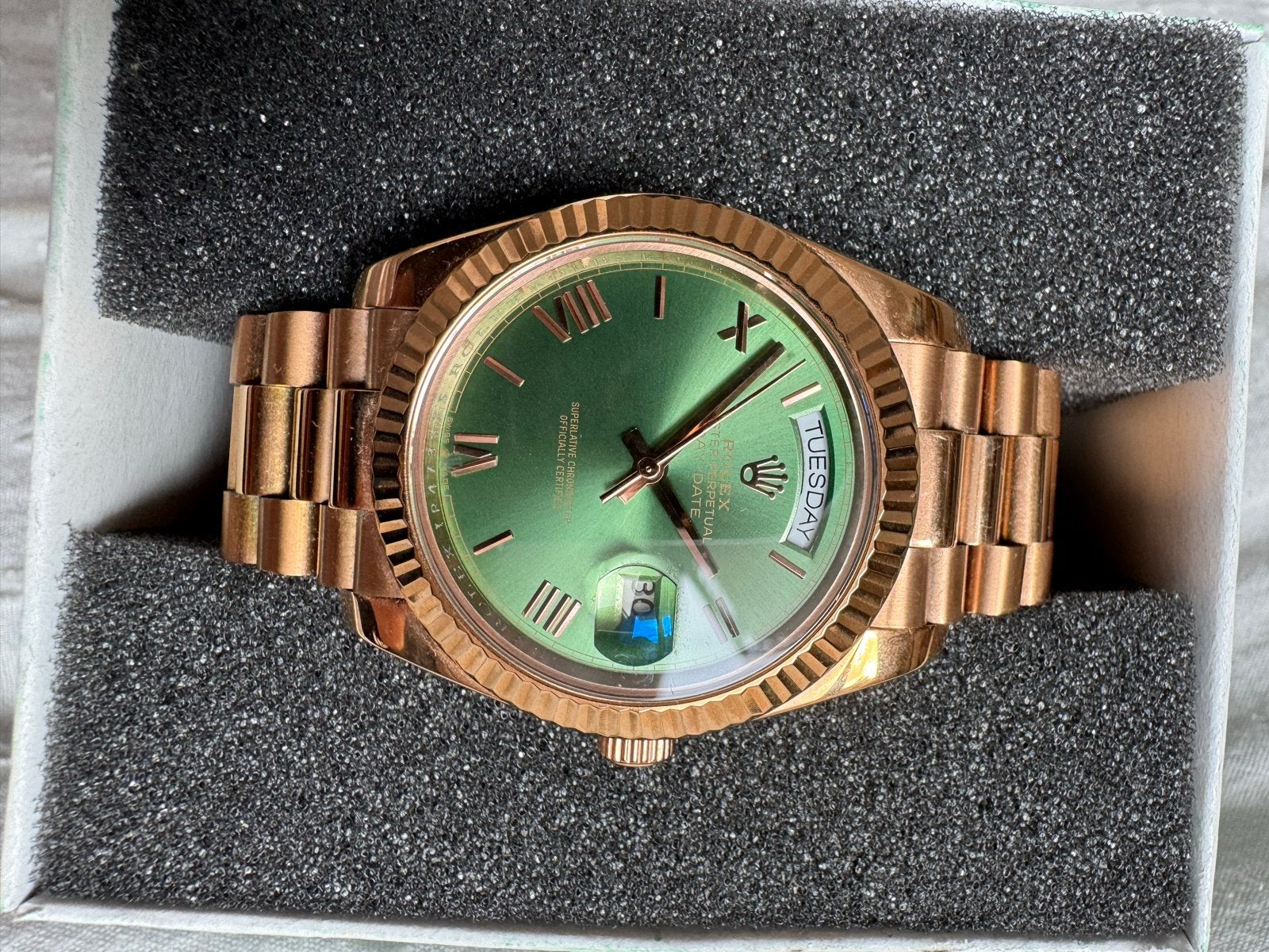 Luxe Rolex Day-Date Horloge Roségoud met Groene Wijzerplaat, Rolex, Polshorloge, Ophalen of Verzenden, Zo goed als nieuw