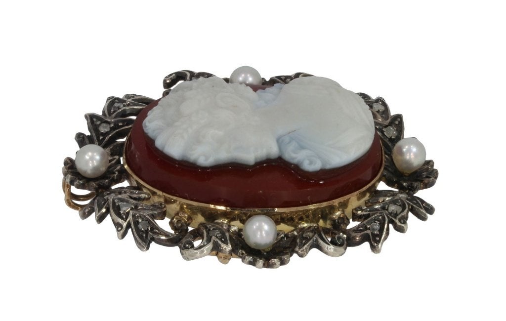 Diamanten camee antieke 14k gouden hanger broche parel fraai, Ophalen of Verzenden, Goud, Hanger, Met edelsteen
