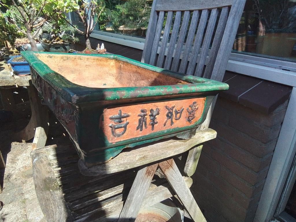 Oude grote chinese bonsaischaal, Ophalen, Gebruikt, Vierkant, Steen
