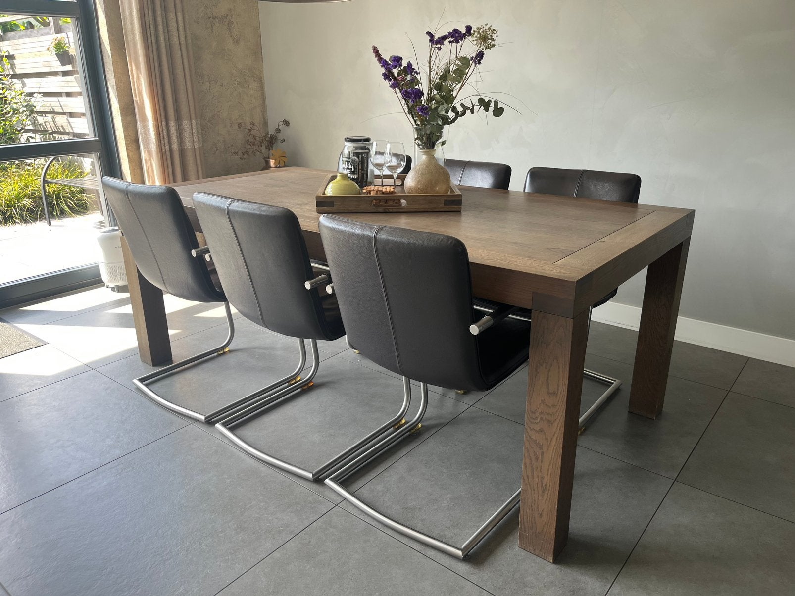 Eikenhouten eettafel met 6 stoelen eethoek, Ophalen, Gebruikt, Eikenhout, 50 tot 100 cm