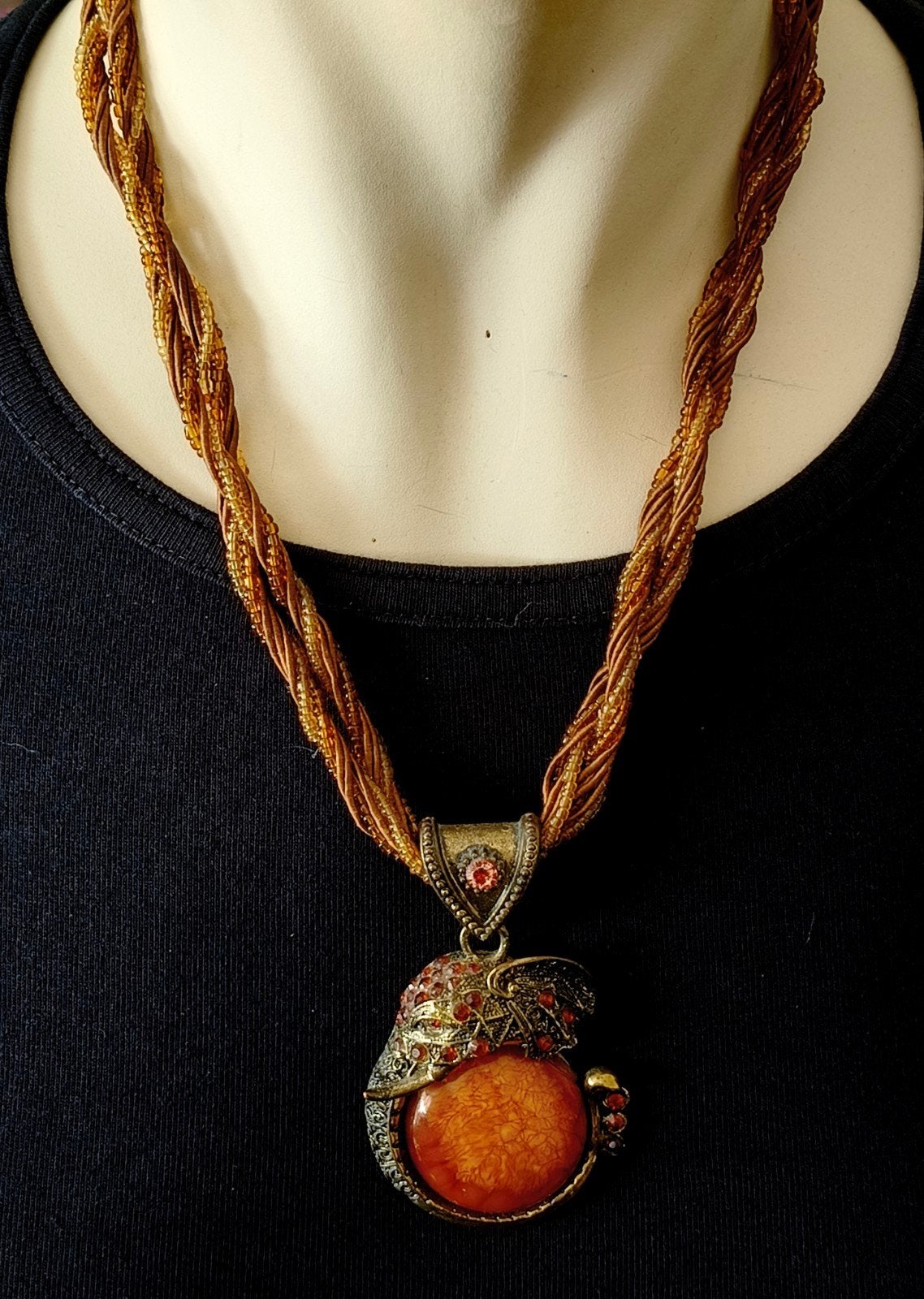 Vintage ketting met olifant en oranje steen en strass, Sieraden, Tassen en Uiterlijk, Kettingen, Overige materialen, Met edelsteen