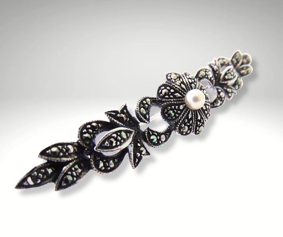 Prachtige 925 zilver ART DECO markasiet faux parel broche!, Met edelsteen, 4 tot 7 cm, Verzenden, Zo goed als nieuw