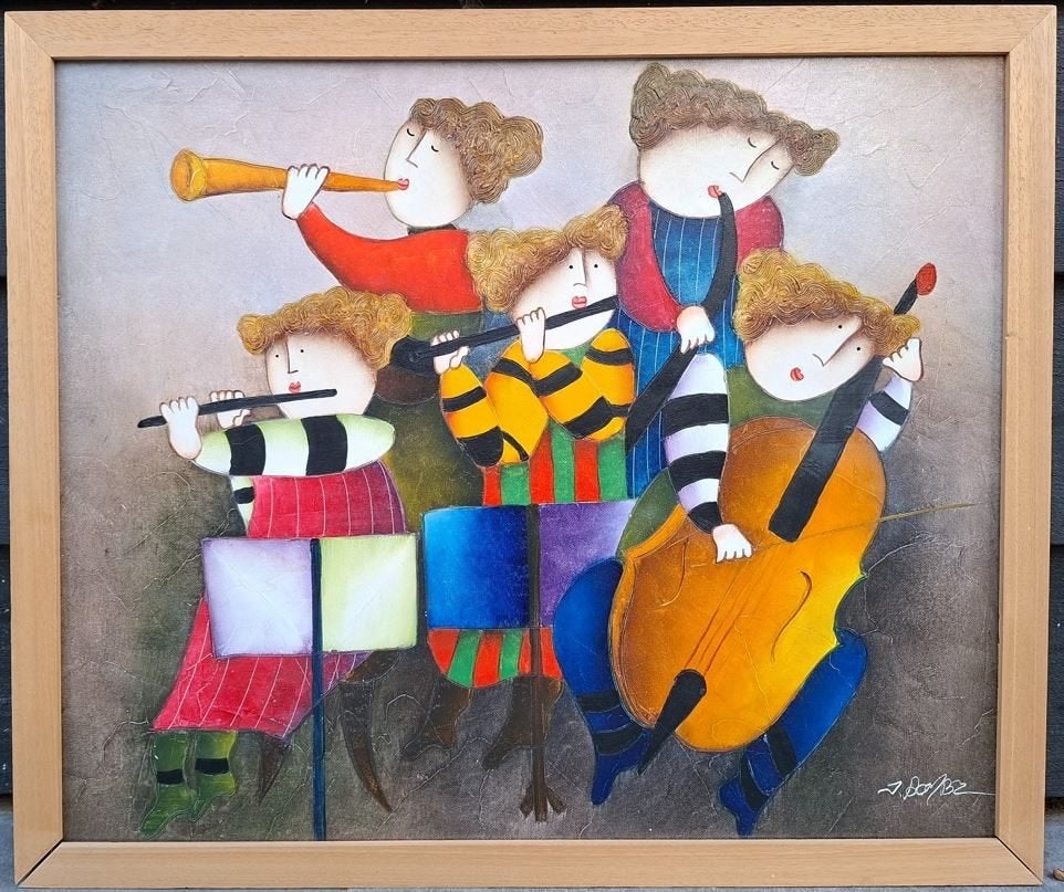 Schilderij Muzikanten - naïeve kunst, Handgeschilderd, Acrylverf, Hout, Ophalen of Verzenden