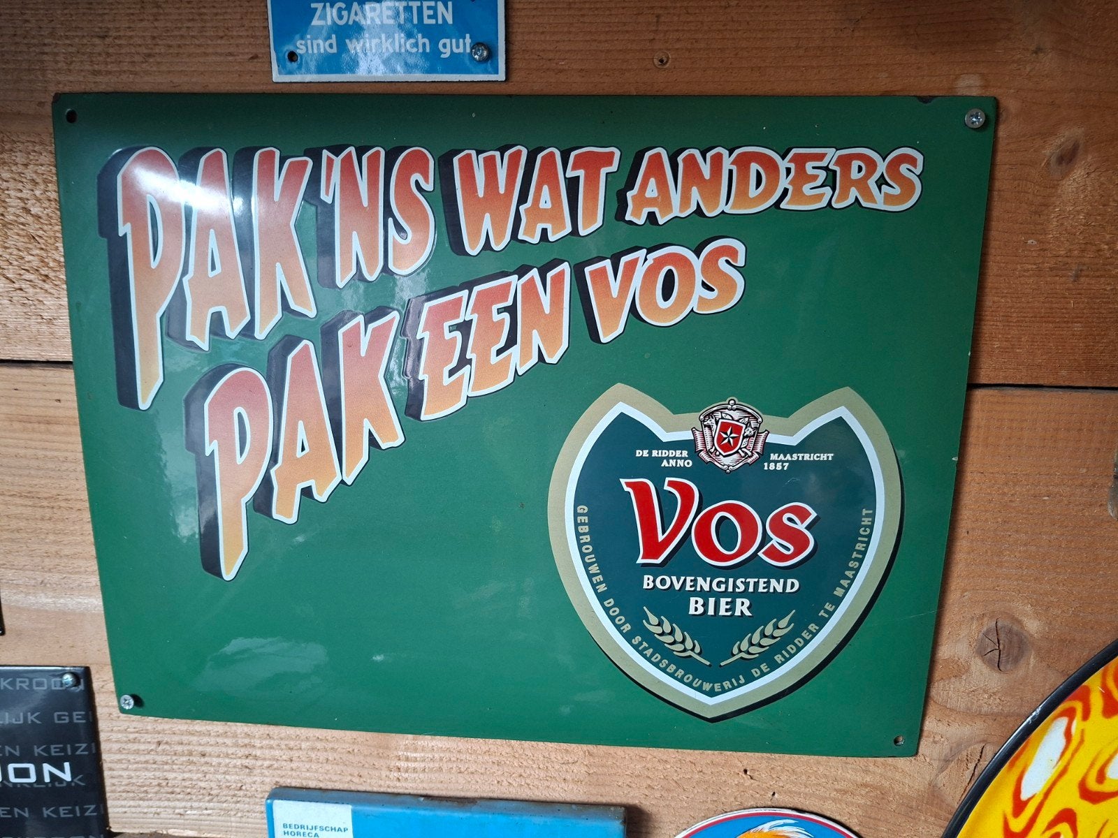 Vintage Vos Bier Emaille Bord - Pak 'ns wat anders, Ophalen of Verzenden