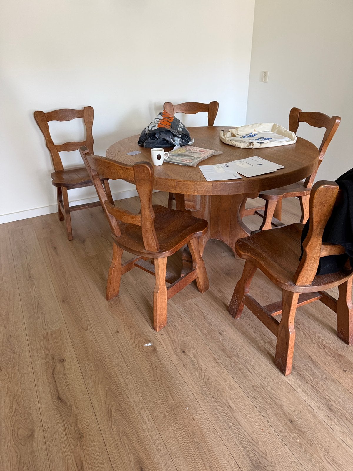 Eiken eettafel met 5 stoelen, Huis en Inrichting, Ophalen, Gebruikt, 4 tot 6 stoelen