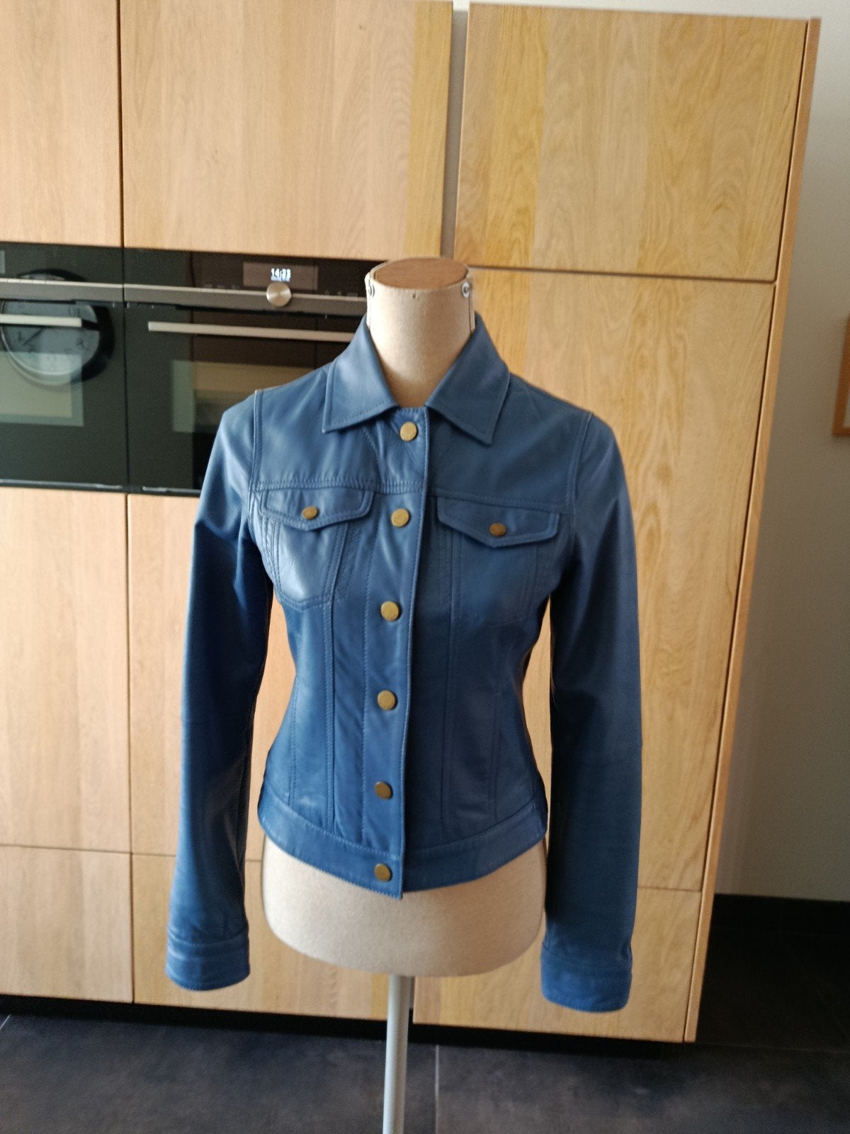 Tommy Hilfiger Leren Jasje - Blauw, Blauw, Ophalen of Verzenden, Zo goed als nieuw, Maat 34 (XS) of kleiner