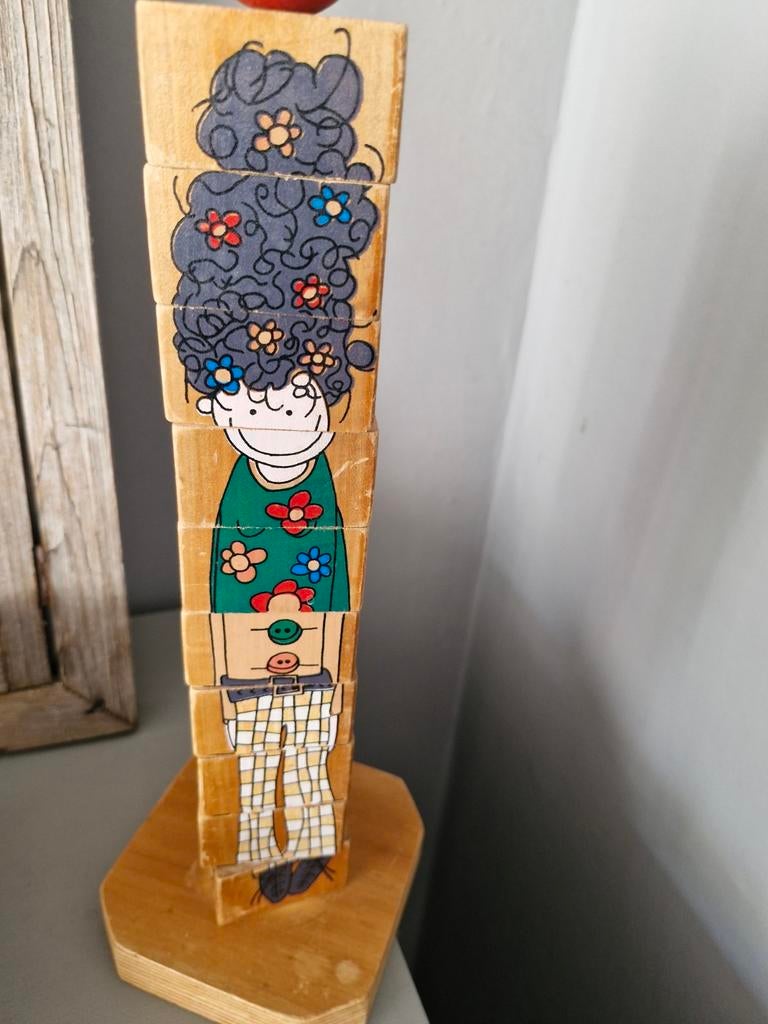 Vintage houten stapelblokken toren met figuren en cijfers, Ophalen of Verzenden, Gebruikt, Overige typen