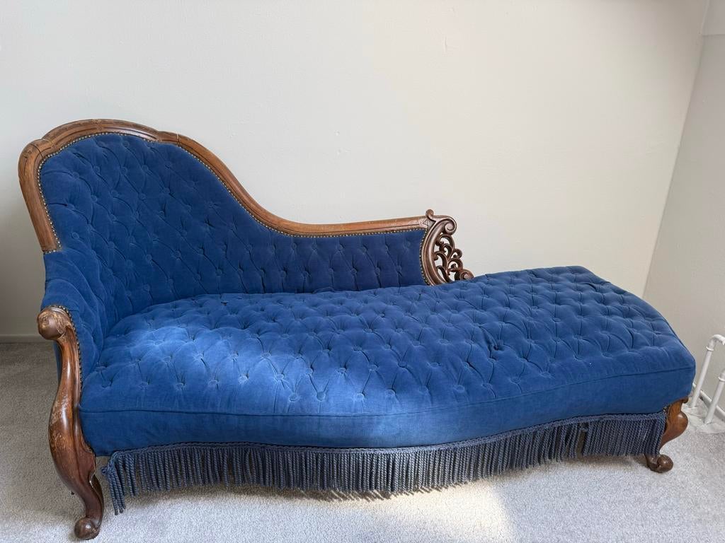 Antiek blauw bankje / chaise longue - knoop los, Ophalen, Gebruikt