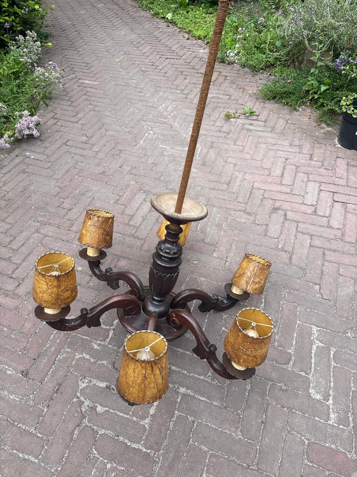 Antieke houten kroonluchter met 5 armen, Ophalen