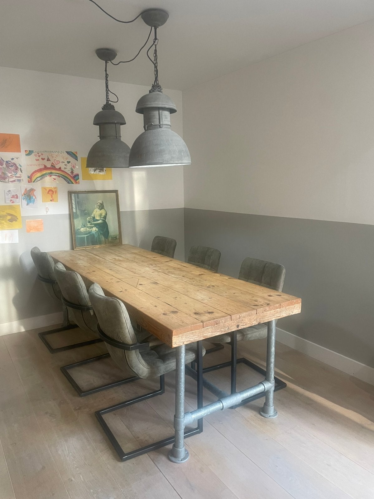 Eettafel steigerhout 250cm en hanglampen, Ophalen, 200 cm of meer, 50 tot 100 cm, Zo goed als nieuw