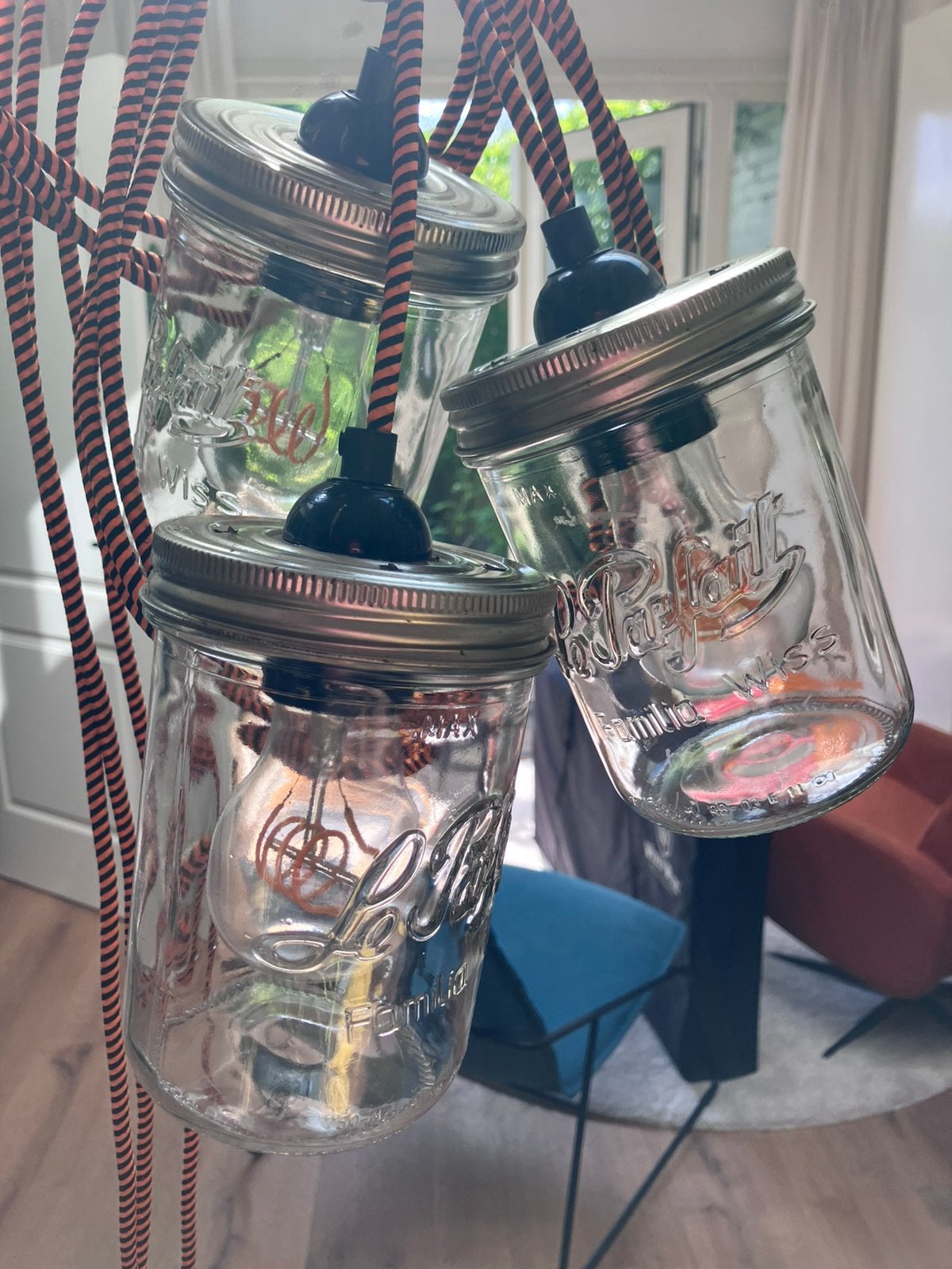 Hanglamp, drie lampen, zelfgemaakt, Ophalen, Zo goed als nieuw, Glas, Minder dan 50 cm