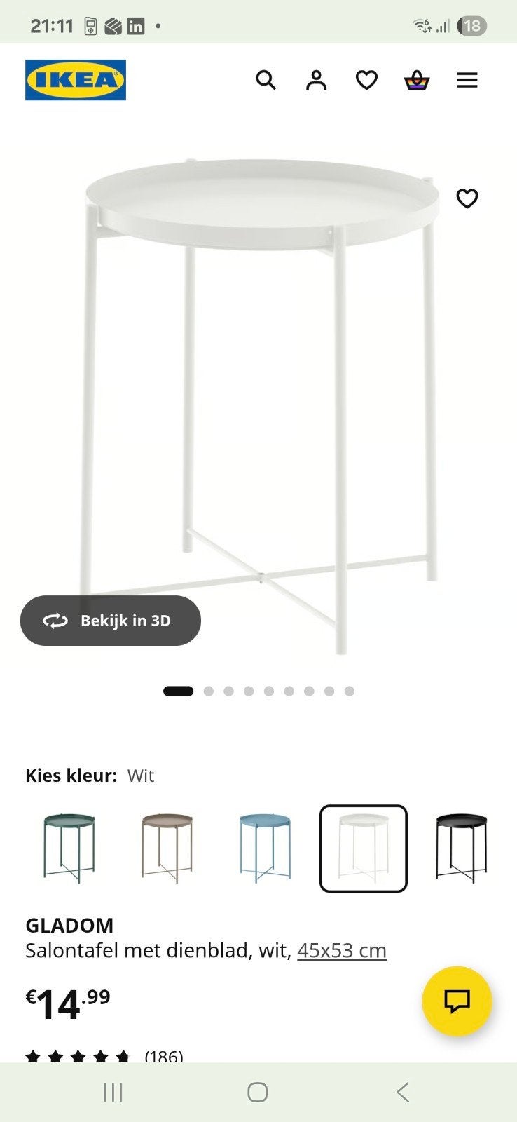 Ikea gladom salontafel wit met dienblad, Huis en Inrichting, Ophalen, Rechthoekig, 75 cm of meer