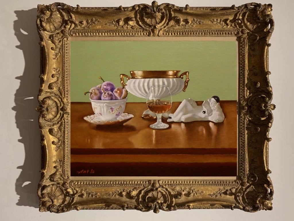 "Pruimen, vaas, pierrot en cognac", Stilleven, Verzenden, Olieverf, Handgeschilderd
