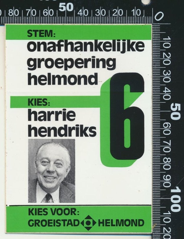 Sticker: Onafhankelijke Groepering Helmond - Harrie Hendriks, Ophalen of Verzenden, Zo goed als nieuw, Bedrijf of Vereniging