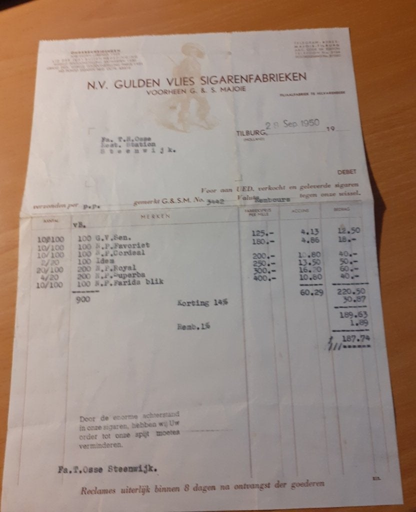 sigarenfabriek Gulden Vlies vh Majoie Tilburg factuur 1950, Ophalen of Verzenden, Zo goed als nieuw, Overige typen