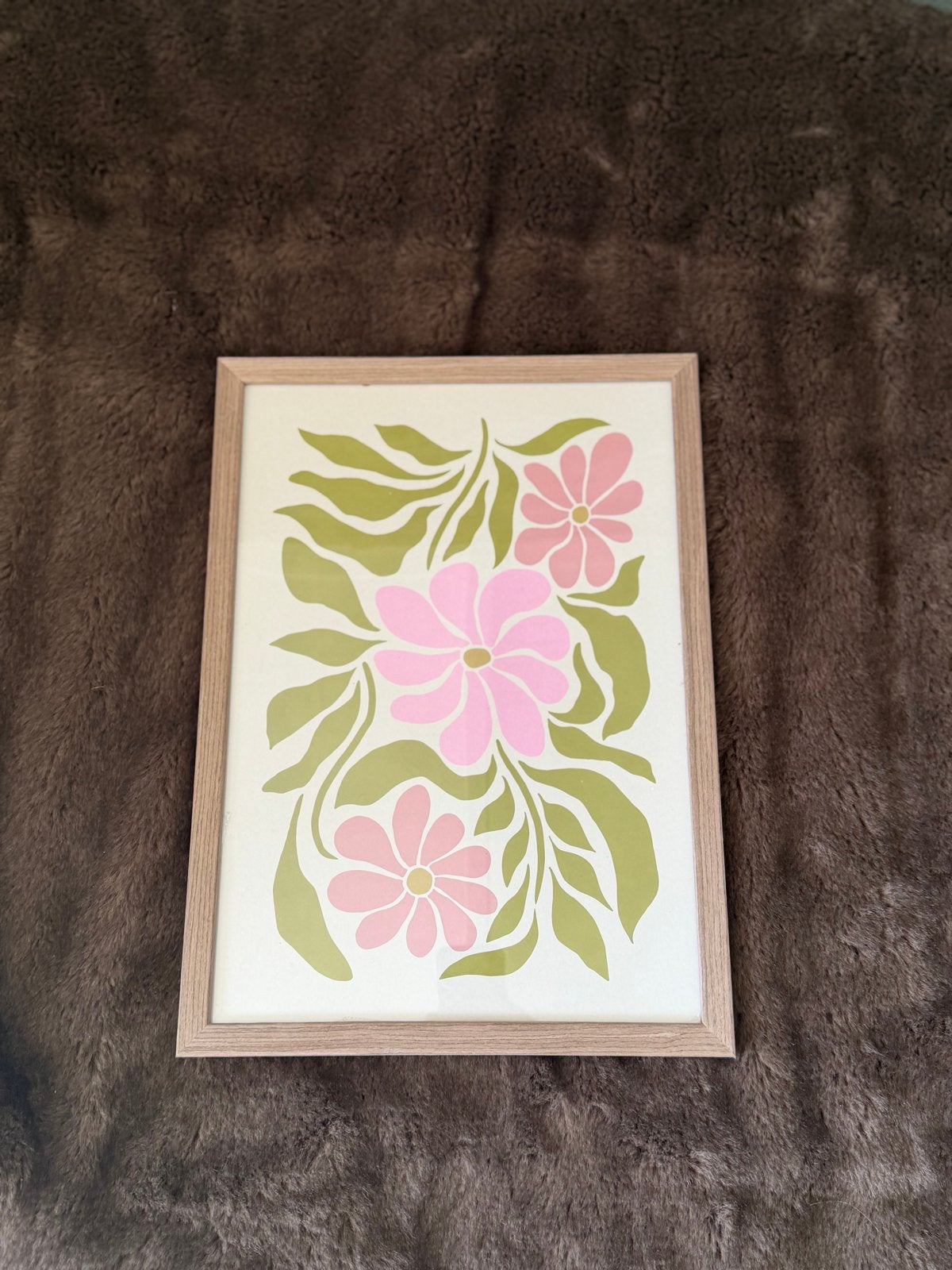 Retro bloemenprint | Roze & groen | Houten lijst, Ophalen of Verzenden, Print, Print/reproductie, Ingelijst