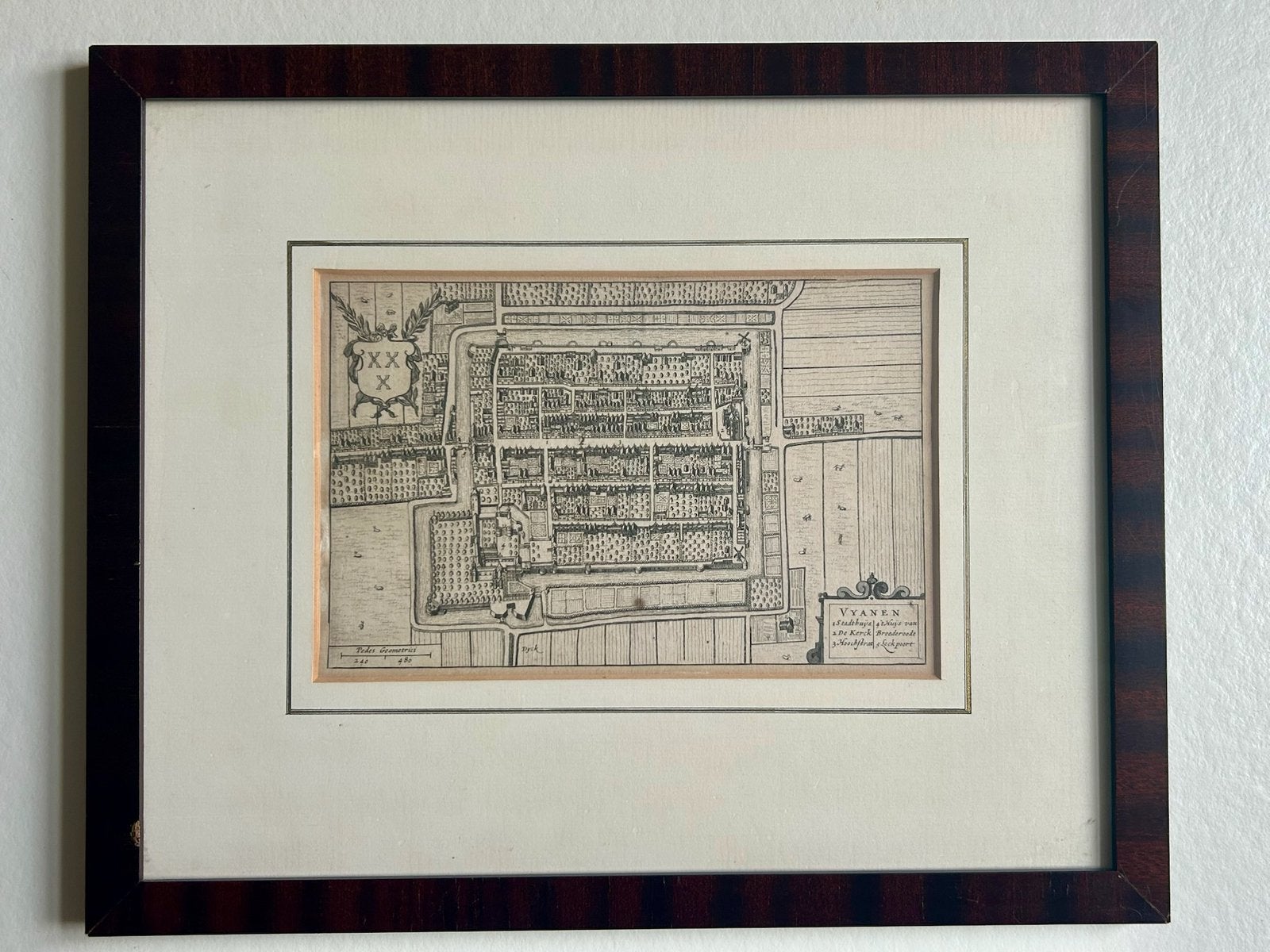 Antieke kopergravure, Vianen, Joan Blaeu ca. 1649, Ingelijst, Cartografie, Gravure, 23 cm, Met tekst