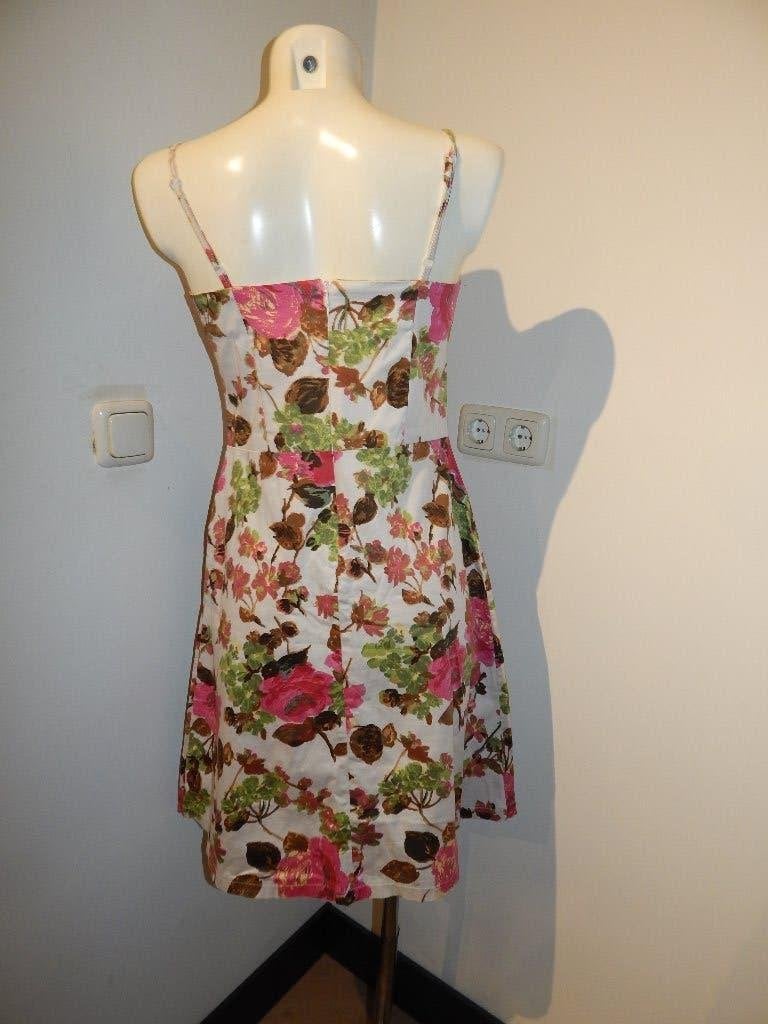 King Louie zomerse jurk bloemen uitlopende rok bandjes M, Kleding | Dames, Jurken, Maat 38/40 (M), Zo goed als nieuw, Knielengte