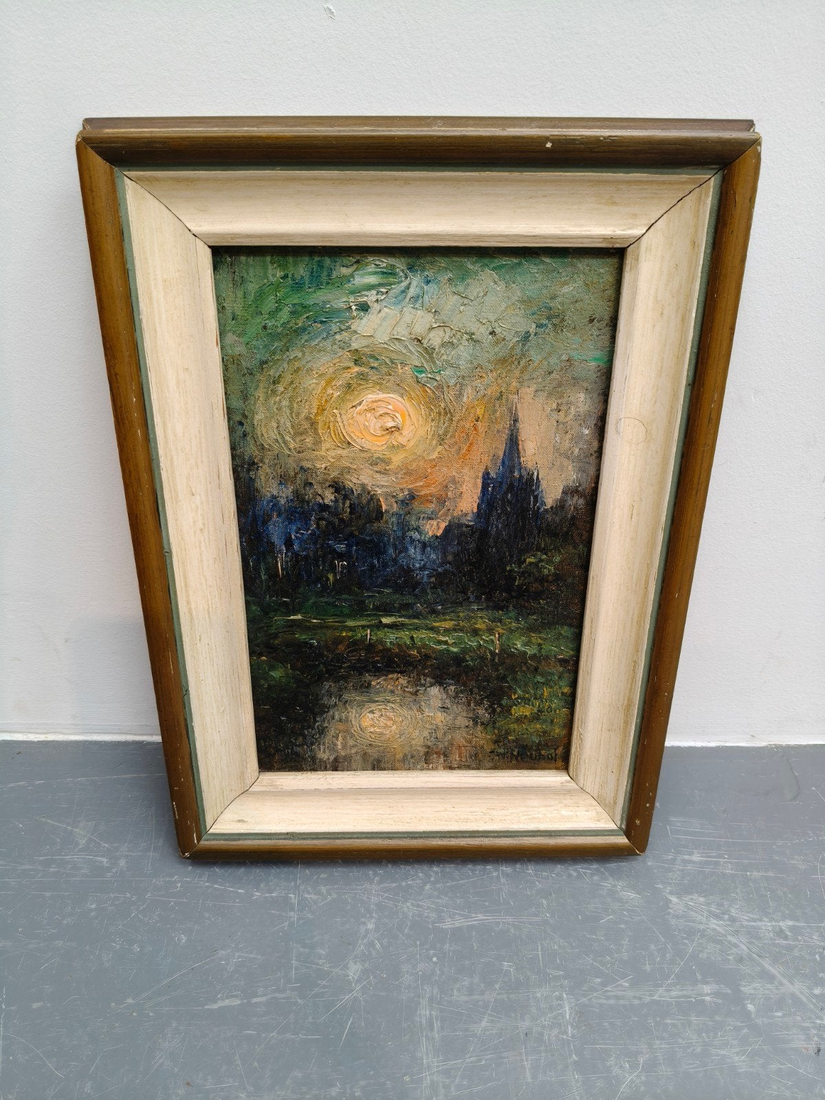 Schilderij W. Neuhof - Landschap met kerk en water, Antiek en Kunst, Doek, Impressionistisch, Ophalen of Verzenden, Landschap