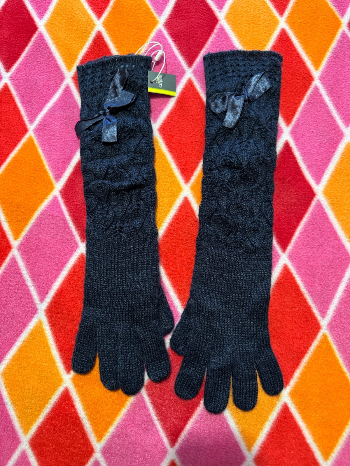 Carpisa lange blauwe gebreide handschoenen met strik, nieuw, Ophalen of Verzenden, Nieuw, Handschoenen