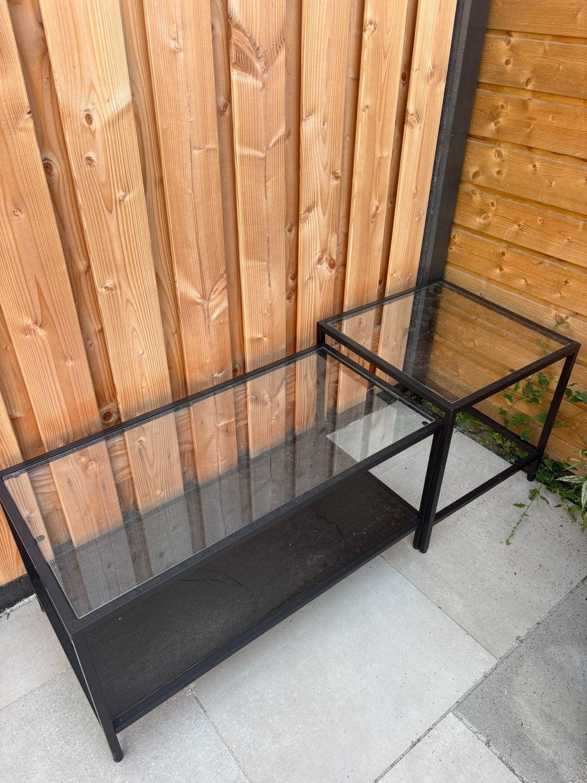 Set van 2 zwarte metalen salontafels met glazen blad, Ophalen, Minder dan 45 cm, Gebruikt, Metaal of Aluminium