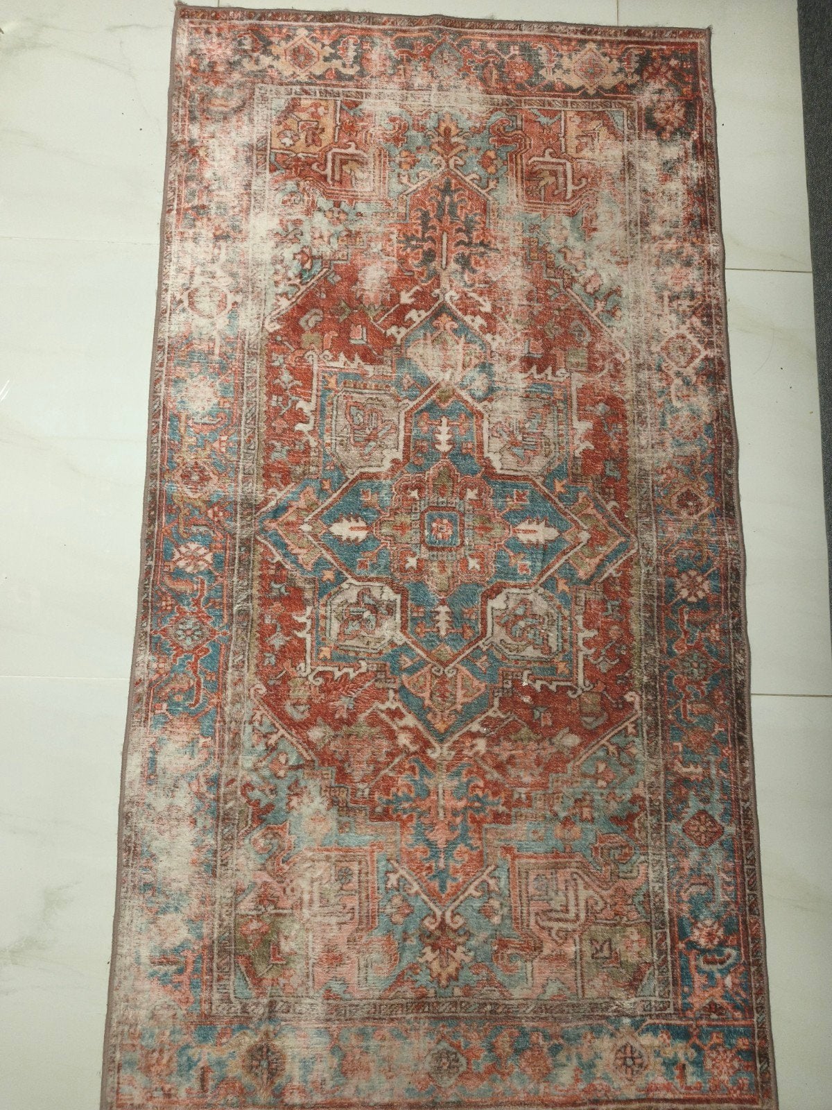 Vintage vloerkleed met medaillonpatroon - terracotta en blau, Gebruikt, Vintage, Blauw, 150 tot 200 cm