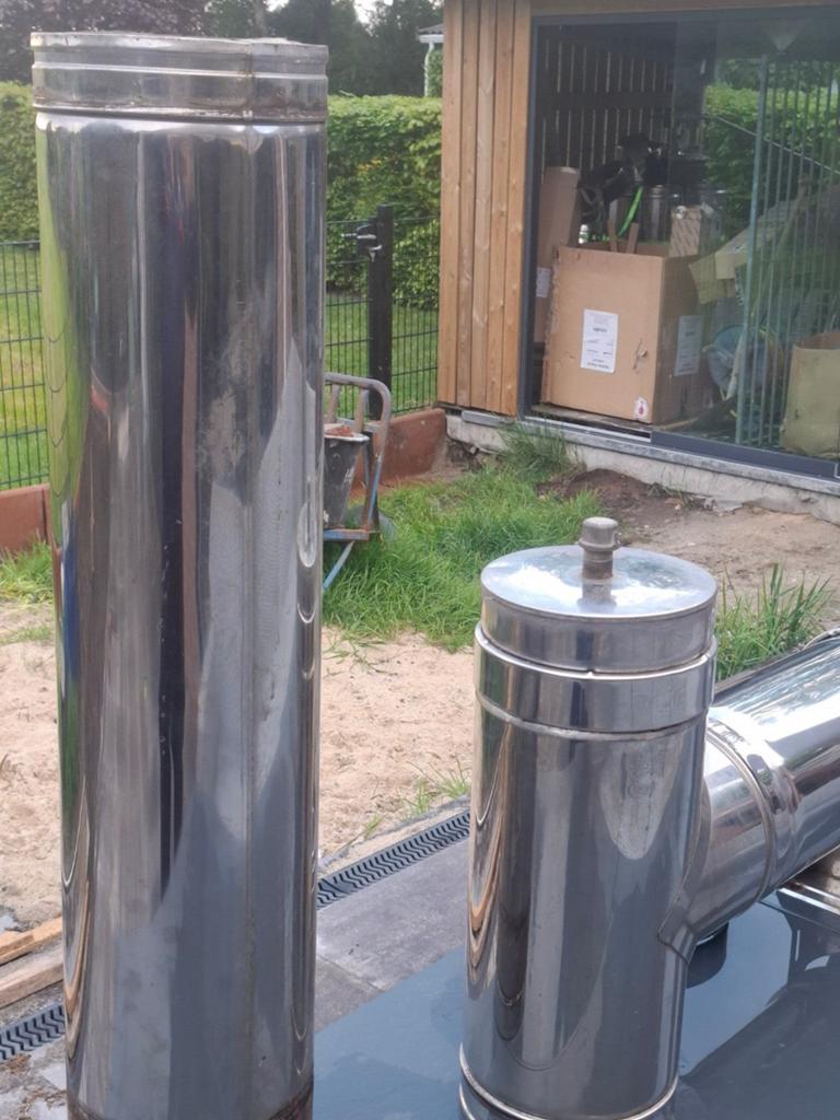 Rvs dubbelwandig 150mm T stuk trekkap pijpen muurbeugels, Ophalen, Zo goed als nieuw, Vrijstaande haard, Houthaard